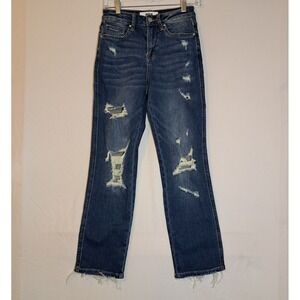 Mica Los Angeles Distressed Straight Leg Jeans Women's 24 Raw Hem Medium Wash